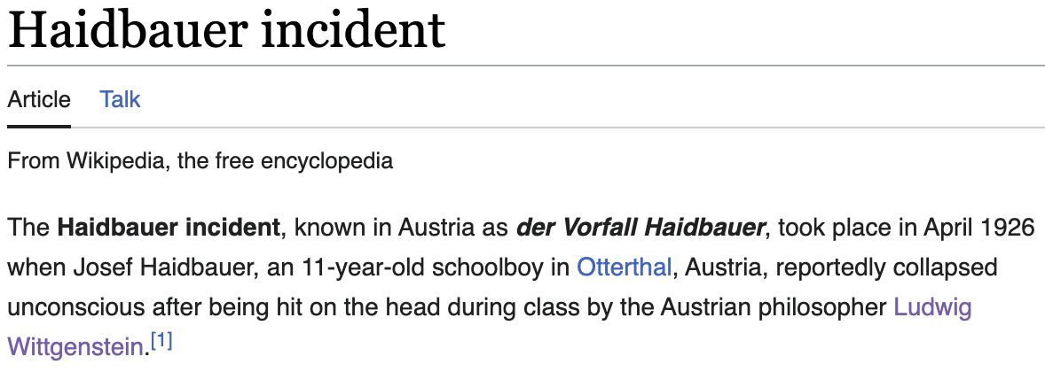 screenshot of the wikipedia article on the haidbauer incident